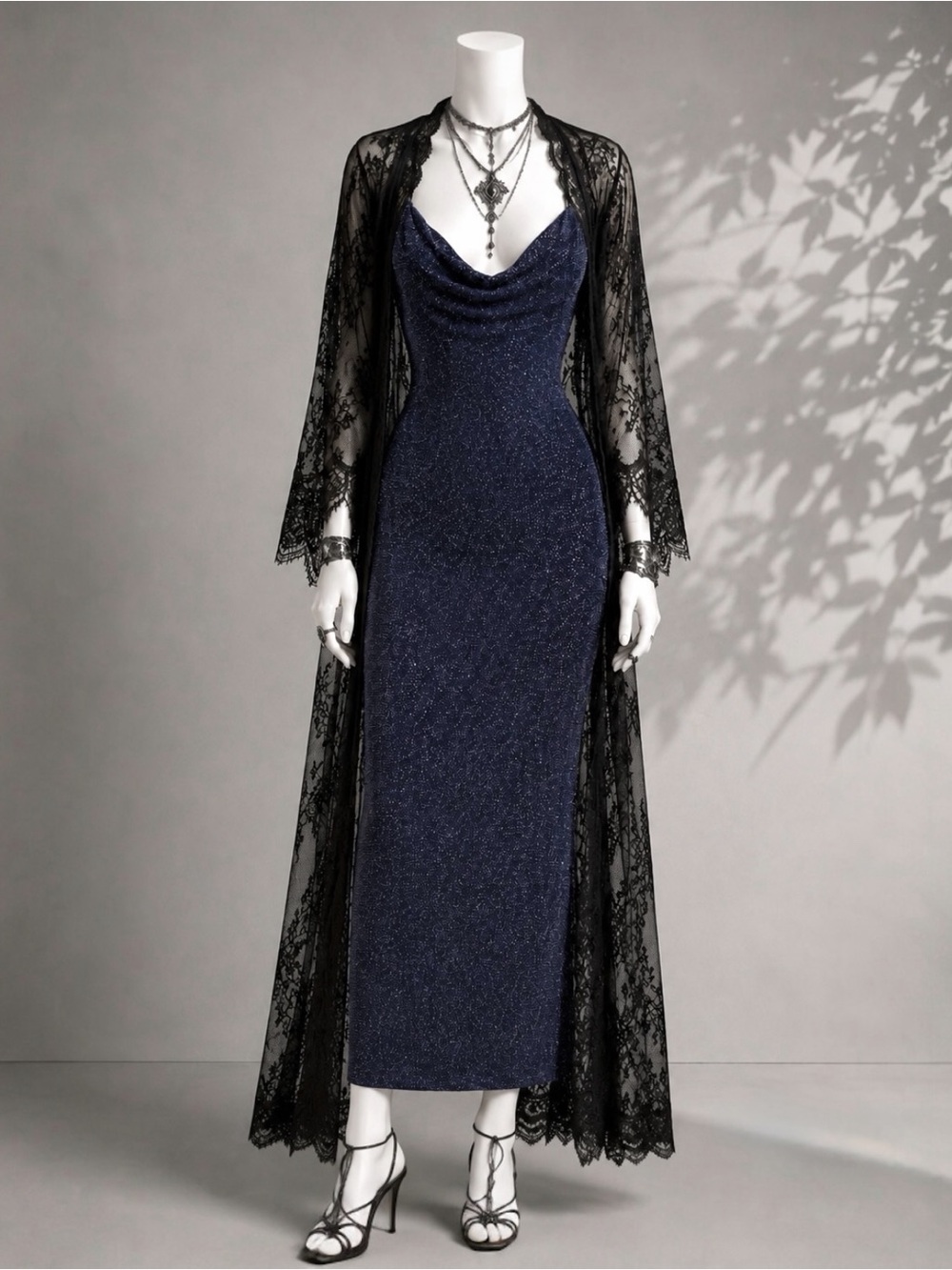 Vintage 90s Evening Dress Navy Glitter Drape Neck Gown Jodi Kristopher XS / S